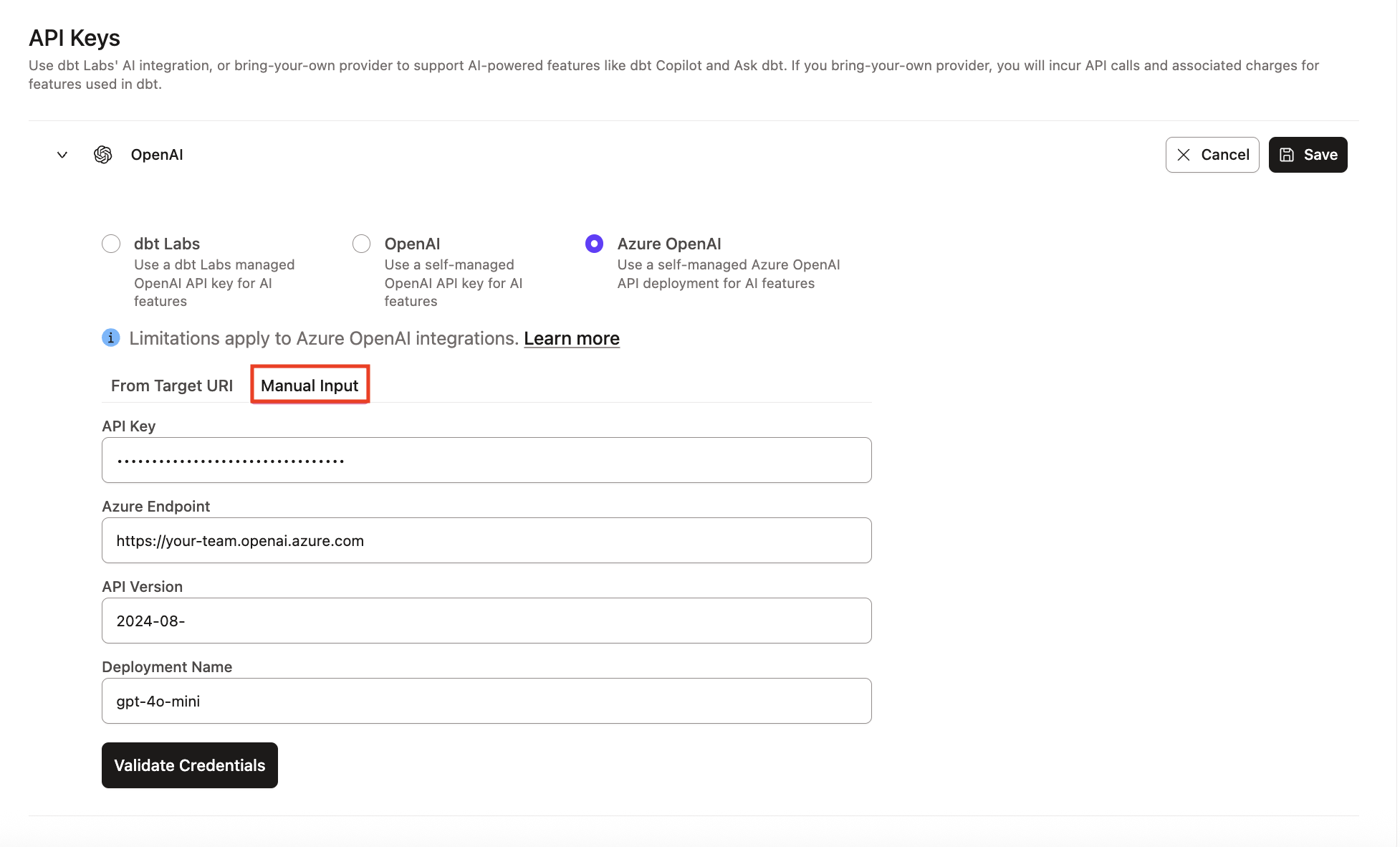 Example of Azure OpenAI integration section